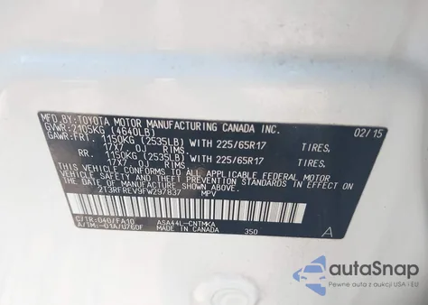 2015 Toyota Rav4 Xle z USA, uszkodzony, nr VIN 2T3RFREV9FW297837